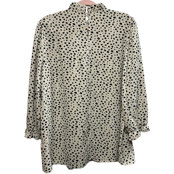 Flowy Dalmatian-Print Top with Ruffle Mock-Neck and Sleeves, Cream & Black - Picture 2 of 8